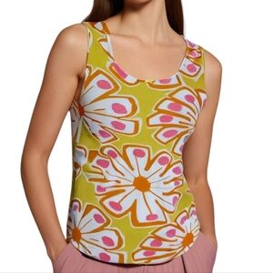 Marimekko Floral Tank Womens Large Retro Sleeveless Cotton Print Summer Yellow